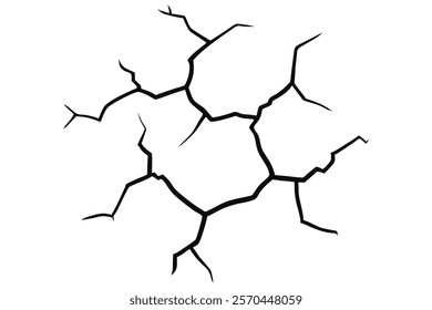 Dry cracked ground Surface crack sharp soil Broken glass effect Structure of cracks, Breaks land texture earthquake scratches isolated black and white vector silhouette 

