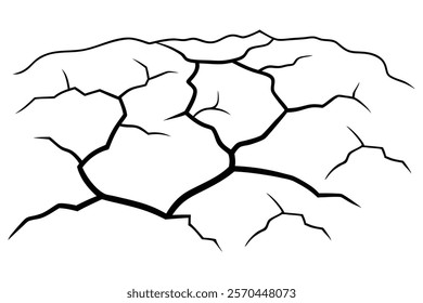 Dry cracked ground Surface crack sharp soil Broken glass effect Structure of cracks, Breaks land texture earthquake scratches isolated black and white vector silhouette 
