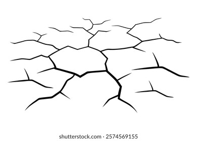Dry cracked ground Surface crack sharp soil Broken glass effect Structure of cracks, Breaks land texture earthquake scratches isolated black and white vector silhouette 
