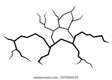 Dry cracked ground Surface crack sharp soil Broken glass effect Structure of cracks, Breaks land texture earthquake scratches isolated black and white vector silhouette 
