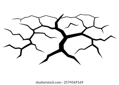 Dry cracked ground Surface crack sharp soil Broken glass effect Structure of cracks, Breaks land texture earthquake scratches isolated black and white vector silhouette 
