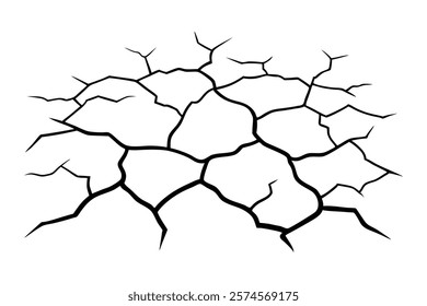 Dry cracked ground Surface crack sharp soil Broken glass effect Structure of cracks, Breaks land texture earthquake scratches isolated black and white vector silhouette 
