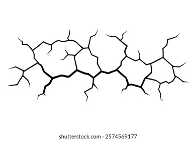 Dry cracked ground Surface crack sharp soil Broken glass effect Structure of cracks, Breaks land texture earthquake scratches isolated black and white vector silhouette 
