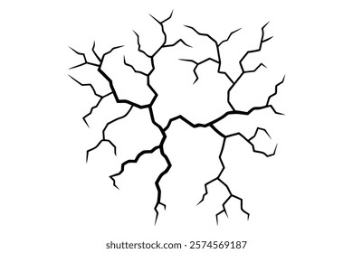 Dry cracked ground Surface crack sharp soil Broken glass effect Structure of cracks, Breaks land texture earthquake scratches isolated black and white vector silhouette 
