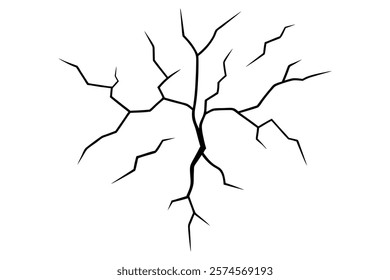 Dry cracked ground Surface crack sharp soil Broken glass effect Structure of cracks, Breaks land texture earthquake scratches isolated black and white vector silhouette 
