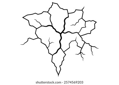 Dry cracked ground Surface crack sharp soil Broken glass effect Structure of cracks, Breaks land texture earthquake scratches isolated black and white vector silhouette 
