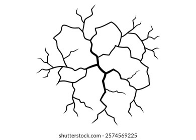 Dry cracked ground Surface crack sharp soil Broken glass effect Structure of cracks, Breaks land texture earthquake scratches isolated black and white vector silhouette 
