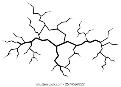 Dry cracked ground Surface crack sharp soil Broken glass effect Structure of cracks, Breaks land texture earthquake scratches isolated black and white vector silhouette 
