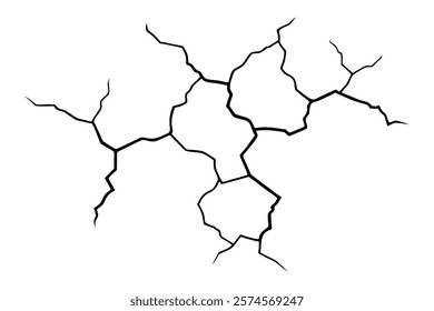 Dry cracked ground Surface crack sharp soil Broken glass effect Structure of cracks, Breaks land texture earthquake scratches isolated black and white vector silhouette 
