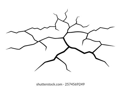 Dry cracked ground Surface crack sharp soil Broken glass effect Structure of cracks, Breaks land texture earthquake scratches isolated black and white vector silhouette 
