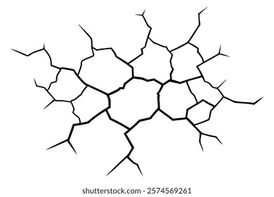 Dry cracked ground Surface crack sharp soil Broken glass effect Structure of cracks, Breaks land texture earthquake scratches isolated black and white vector silhouette 
