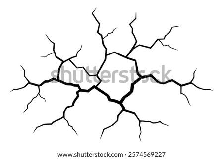 Dry cracked ground Surface crack sharp soil Broken glass effect Structure of cracks, Breaks land texture earthquake scratches isolated black and white vector silhouette 
