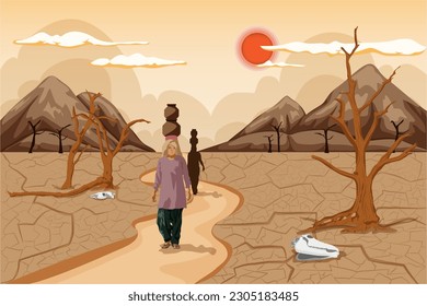 Dry and cracked land, drought due to lack of rain. Global warming concept. dead tree under hot sunset, drought cracked desert landscape. Drought and  Natural Disaster. 