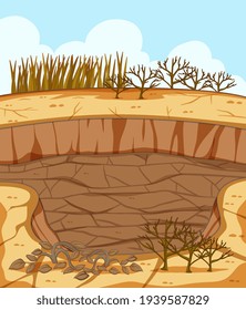 Dry Cracked Landscape Scene With Dead Plants Illustration