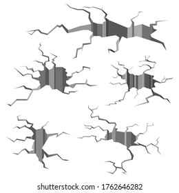Grietas secas. Grieta del agujero de tierra. Muro en ruinas, agujero en el suelo con grietas de craqueo y destrucción de la tierra símbolos vectores aislados de dibujos animados de daño rompen la superficie aislados en blanco