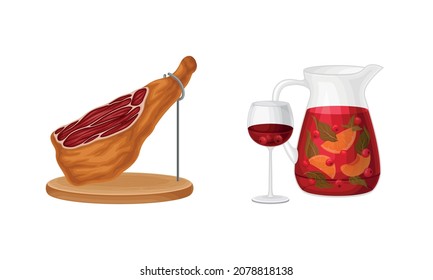 Dry Cured Bacon Gammon and Sangria Drink in Jug as Spanish Cuisine Gourmet Vector Set