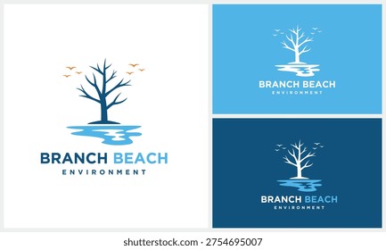Dry Dead Oak Maple Banyan Cedar Tree with Lake Sea Waves Ocean logo design