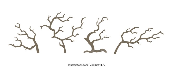 Dry dead tree clipart. Spooky naked wood vector illustration set.