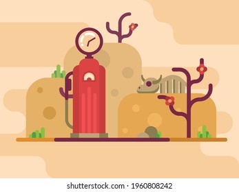 Dry desert highway gas pump vector illustration