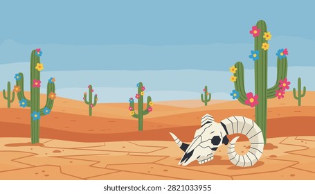 Dry desert landscape featuring blooming green saguaro cacti with colorful flowers and an animal skull on the cracked sand.