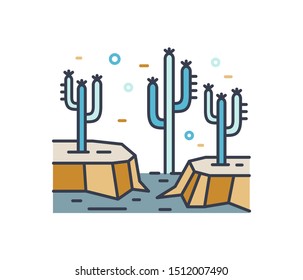 Dry desert line art scenery. Wild land with cactus plants contour sign. Simple colorful mexican landscape with rocks and cacti isolated on white background. Vector outline natural illustration.