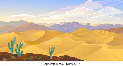 Dry desert on a dusty hot afternoon with cactus, rocks and mountains