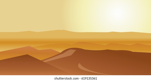 Dry desert under sun, endless sand desert, Lonely sand dunes under dramatic evening sunset. Vector illustration