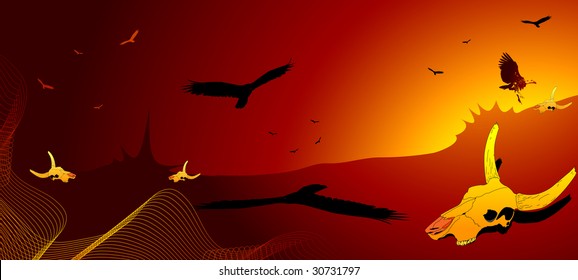 Dry desert, vulture and cow skull