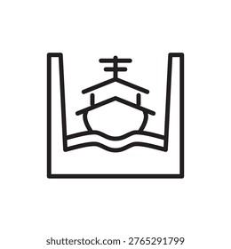 Dry dock icon symbolizing vessel maintenance, representing shipyard hardware, hull repair tools, maritime docking gear, basin drainage systems, and industrial port logistics for ship construction.