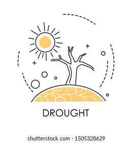 Dry earth and tree, drought or natural disaster, hot weather isolated icon vector. Desert landscape, cracks in ground, high atmospheric temperature. Vegetation extinction, environmental problem