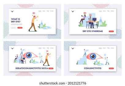 Dry Eye Symtoms Landing Page Template Set. Tiny Characters around of Huge Eye. People Suffer of DES, Visit Clinic. Medical Pharmaceutical Vision Treatment Concept. Cartoon Vector Illustration