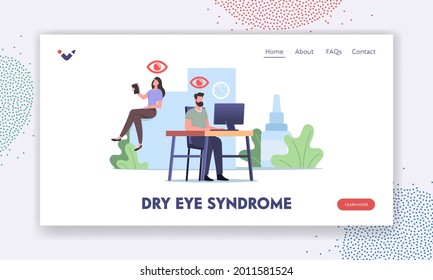 Dry Eyes Syndrome Landing Page Template. Office Worker Characters Suffering of DES, and Conjunctivitis Disease while Working on Computer or Use Smartphone. Cartoon People Vector Illustration