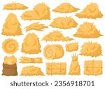 Dry farm haystack, bale, pile and heap stack, straw in rolls, fodder bundle, sack bag isolated agricultural set. Rural haycock, countryside grass, wheat or rye haymow and farming vector illustration