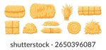 Dry farm haystack, bale, pile and heap stack, straw in rolls, fodder bundle, sack bag isolated agricultural set. Rural haycock, countryside grass, wheat or rye haymow and farming vector illustration