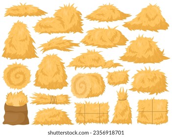 Dry farm haystack, bale, pile and heap stack, straw in rolls, fodder bundle, sack bag isolated agricultural set. Rural haycock, countryside grass, wheat or rye haymow and farming vector illustration