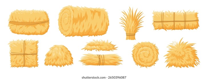 Pilha de feno de fazenda seca, fardo, pilha e pilha de pilha, palha em rolos, pacote de forragem, saco de saco isolado conjunto agrícola. Galo rural, erva do campo, feno de trigo ou centeio e ilustração do vetor agrícola