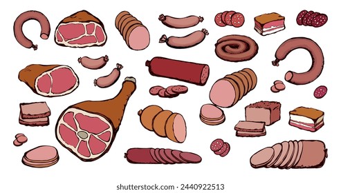 Manteca de cerdo cruda seca grasa chop cure shank snack blanco de fondo. Línea roja dibujada a mano naturaleza hervir corte cordero vientre de ternera wurst ribey filete de pan tienda de delicatessen menú de almuerzo signo icono de diseño de dibujo de arte retro