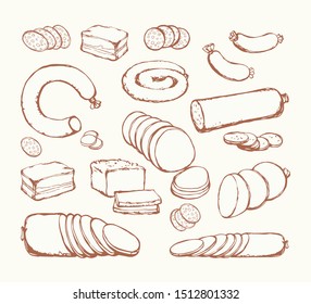 Dry fat pig leg jerky ribeye cured snack slice on white backdrop. Line red hand drawn natural cut lamb rib belly brisket filet bread deli shop grocery lunch menu sign icon logo as retro cartoon sketch