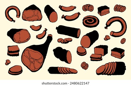 Dry fat pig leg jerky ribeye cured snack slice on white backdrop. Line red hand drawn natural cut lamb rib belly brisket filet bread deli shop grocery lunch menu sign icon logo as retro cartoon sketch