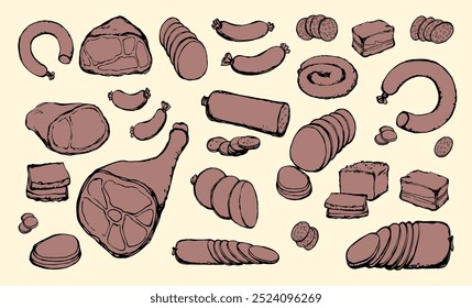 Dry fat pig leg jerky ribeye cured snack slice on white backdrop. Line red hand drawn natural cut lamb rib belly brisket filet bread deli shop grocery lunch menu sign icon logo as retro cartoon sketch