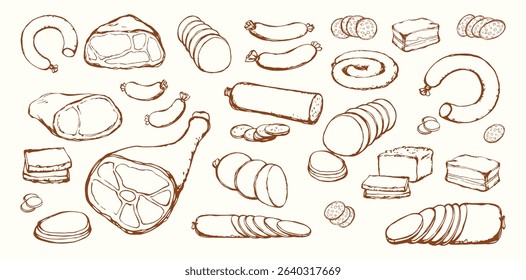 Dry fat pig leg jerky ribeye cured snack slice on white backdrop. Line red hand drawn natural cut lamb rib belly brisket filet bread deli shop grocery lunch menu sign icon logo as retro cartoon sketch