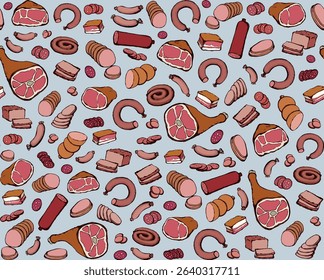 Dry fat pig leg jerky ribeye cured snack slice on white backdrop. Line red hand drawn natural cut lamb rib belly brisket filet bread deli shop grocery lunch menu sign icon logo as retro cartoon sketch
