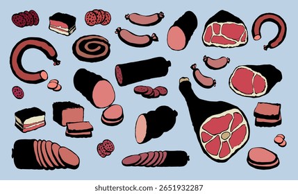 Dry fat pig leg jerky ribeye cured snack slice on white backdrop. Line red hand drawn natural cut lamb rib belly brisket filet bread deli shop grocery lunch menu sign icon logo as retro cartoon sketch