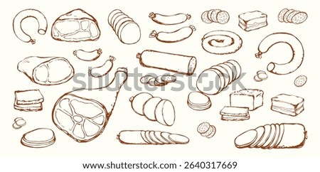 Dry fat pig leg jerky ribeye cured snack slice on white backdrop. Line red hand drawn natural cut lamb rib belly brisket filet bread deli shop grocery lunch menu sign icon logo as retro cartoon sketch