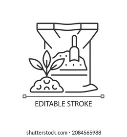 Dry fertilizer linear icon. Mixture of supplements for plants and crops. Chemical nutrients. Thin line customizable illustration. Contour symbol. Vector isolated outline drawing. Editable stroke