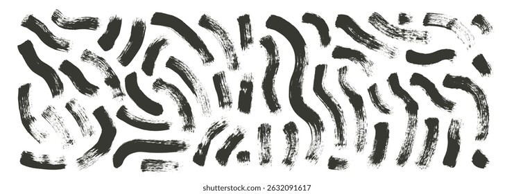 Linhas de traçado de pincel plano seco. Formas longas de vetor de tinta preta desenhadas à mão. Paintbrush tintura elementos de rabisco linear conjunto isolado no fundo branco. Listras curvas grunge grossas marcantes.