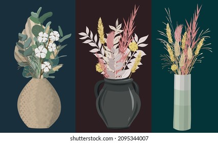 Dry flowers bouquet set in a vase. Boho style composition in beige and pink colors.  Cotton and eucalyptus.