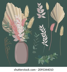 Dry flowers bouquet in a vase. Boho style composition in beige and pink colors. 