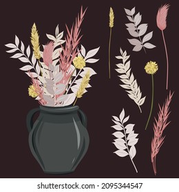 Dry flowers bouquet in a vase. Boho style composition in beige and pink colors. 