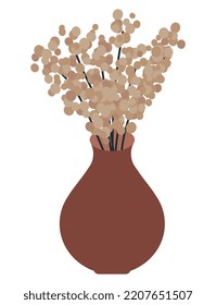 Dry flowers bouquet in vase vector illustration isolated on white background. Warm neutral boho palette. Simple contemporary home decor. Flat style